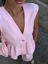 preiswerte Sets-Damen Aktiv Mode Baumwoll-Leinen-Hemden Bluse Hosen-Sets Ärmellos V Ausschnitt Einfarbig Dubbele Rij Knopen Urlaub Alltagstauglich Schwarz Rosa Leicht Blau Sommer Normale Passform