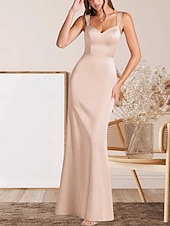 cheap Floor Length-Mermaid / Trumpet Mother of the Bride Dress Wedding Guest Elegant Minimalist V Neck Floor Length Satin Sleeveless with Ruching