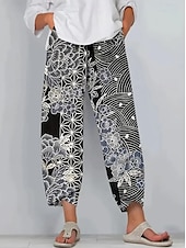 preiswerte Gerade geschnittene Hose-Damen Weites Bein Chinos Baggy-Hosen Urlaub Vintage Ethno-Stil Volle Länge Hohe Taille Blumen Grafik Drucken Thermowarm Atmungsaktiv Weich Mikroelastisch Urlaub Straße Lässig Dunkelgrau Rubinrot