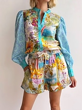 abordables Ensembles-Femmes Mode Streetwear Chemises en coton et lin Ensembles en coton et lin Ensembles de Shorts manche longue Col de chemise Usine Imprimé Tenue quotidienne Date Bleu Été Coupe régulière