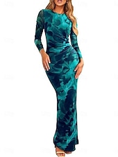 olcso Elegáns virágos ruhák-Női Midi ruha Boho esküvői vendégruha Elegáns Csehország Szexi Bodycon ruha Nyomtatott Hosszú ujj Terített nyak Világossárga Világos rózsaszín Bíborvörös aqua kék Tavasz Ősz