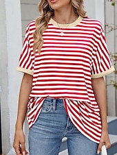 abordables T-shirt rayé et géométrique-Femmes T-shirt Rayé Mode Élégant Moderne Manche Courte Col ras du cou Hauts Réguliers Quotidien Week-end Imprimé Noir Rouge Bleu Vert Été