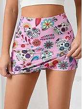 billiga Grafiska kjolar-Dam Smal Kjol Tenniskjol Mode Ledigt Mini Hög midja Kjolar Grafisk Blommig Ficka Elastisk Utomhussport Dagligen Vit Rodnande Rosa Grå Sommar Stickat Polyester