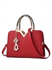 levne Kabelky a tote tašky-Dámská kabelka z umělé kůže s perlovým přívěskem – elegantní geometrické horní ucho a crossbody kabelka do kanceláře, na každodenní dojíždění a formální příležitosti