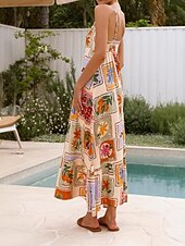 ieftine rochii imprimate din bumbac si in-Pentru femei Rochie Lunga Rochie Maxi Rochie casual Rochie Slip Modă În aer liber Petrecere Concediu Fit regulat Floare Manșon scurt Bretele Spagheti Bej Vară