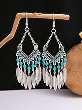 cheap Women&#039;s Earring-Women&#039;s Bohemian Turquoise Drop Earrings – Vintage Western Style Statement Jewelry with Feather and Bead Details for Parties, Festivals and Casual Wear