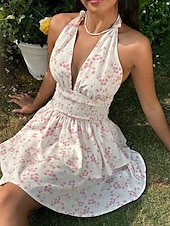 ieftine Rochii casual florale-Pentru femei Rochie Mini Rochie casual Rochie florala Modă În aer liber Petrecere Concediu Fit regulat Floare Fără manșon În V Roz Îmbujorat Albastru piscină Vară