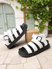 abordables Sandales de Vacances-Sandales blanches à brides et boucles pour femmes – Chaussures plates décontractées et sportives pour la marche quotidienne, les voyages et les sorties estivales