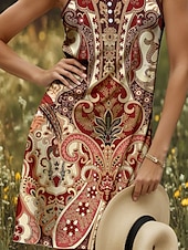cheap Boho Dress-Women&#039;s Mini Dress Sundress A Line Dress Summer Dress Off The Shoulder Dress Casual Holiday Beach Regular Fit Graphic Paisley Bohemian Sleeveless V Neck Light Yellow Red Blue Purple Summer Spring