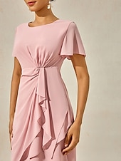 abordables Robes moulantes de soirée-Femmes Robe Midi Robe à Plusieurs Couches Élégant Formel Papillon robe demoiselle d honneur Cocktail Coupe régulière Uni Manche Courte Col ras du cou Rose poussiéreuse Été