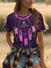 levne Boho tričko-Dámské Tričko Grafika Čechy Vinobraní stylové Krátký rukáv Tričkový Běžné topy Denní Jdeme ven Víkend Tisk Žlutá Rubínově červená Vodní modrá Fialová Trávová zelená Léto Jaro