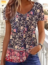 ieftine tricou floral-Pentru femei Tricou Floral Grafic Epocă Stilat Clasic Manșon scurt În V Topuri obișnuite Zilnic Imprimeu Roz Îmbujorat Vară Primăvară