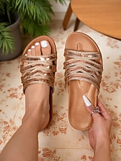 cheap Slide Sandals-Women's Bronze Multi-Strap Flat Slide Sandals – Bohemian Style Open Toe Slippers for Daily Wear, Travel, and Vacation