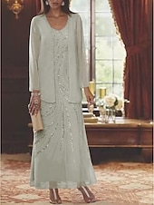 abordables Avec veste-Robe Mère de la Mariée Coupe Deux Pièces à la Plage Invité de Mariage Élégant Étincelle  Brillance Encolure en V Longueur Cheville Chiffon Sequins Manches Longues avec Sequins 2025 taille