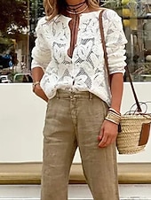 cheap Lace Tops-Women's Shirt Blouse Lace Plain Casual Long Sleeve Crew Neck Regular Tops Daily Going out White Summer