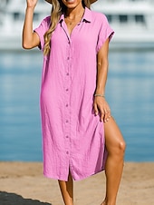 preiswerte Einfaches Kleid-Damen Midikleid Hemdblusenkleid Klassisch Modern Outdoor Urlaub Ferien Normale Passform Einfach Kurzarm Hemdkragen Rosa Blau Purpur Khaki Sommer
