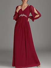 cheap Floor Length-A-Line Mother of the Bride Dress Wedding Guest Elegant V Neck Floor Length Chiffon Long Sleeve with Beading Appliques Ruching
