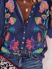 billige Blomstrete topper-Dame Bluse Blomstret Grafisk Bohem Daglig Fritid 3/4 ermer Høyhalset Vanlige topper Rynket Broderi Knapper Navyblå Lilla Sommer Vår