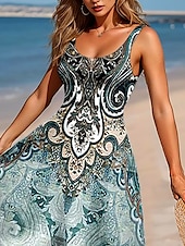 billiga Boho klänningar-Dam Maxiklänning A linjeklänning Off Shoulder Klänning Semester Ledigt Strandstil Fest Strand Normal Grafisk Paisley Bohemisk Ärmlös Fyrkantig hals Rundhals Salvia grön Sommar Vår