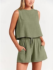 cheap Sets-Women&#039;s Active Basic Cotton Linen Sets Blouse Shorts Sets Sleeveless Crew Neck Solid Color Drawstring Going out Weekend Black Blue Orange Summer Regular Fit