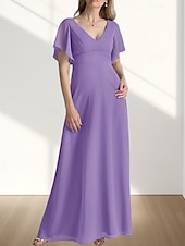 preiswerte Bodenlänge-A-Linie Brautmutterkleid Hochzeitsgast Elegant Süß V Ausschnitt Bodenlang Chiffon Kurzarm mit Raffung 2025