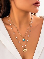 cheap Women&#039;s Necklace-Women&#039;s Summer Beach Necklace with Pearl, Shell and Starfish Charms – Gold-Plated Layered Necklace for Vacation, Casual Outfits and Special Occasions