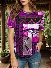 Χαμηλού Κόστους Boho t-shirt-Γυναικεία Μπλουζάκι Γραφική Γεωμετρικό Συνδυασμός Χρωμάτων Βοημία Βίντατζ Etnic Κοντομάνικο Στρογγυλή Ψηλή Λαιμόκοψη Στρογγυλή Λαιμόκοψη Κανονικά μπλουζάκια Καθημερινά Εξόδου Σαββατοκύριακο Στάμπα