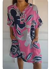 abordables concevoir des robes en coton et lin-Femmes Mini Robe Robe Décontractée Occasionnel Coupe ajustée Graphique Imprimé Demi Manches Revers Blanche Jaune Rose Claire Bleu Été Automne