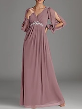 cheap Floor Length-A-Line Mother of the Bride Dress Wedding Guest Elegant V Neck Floor Length Chiffon Long Sleeve with Beading Appliques Ruching