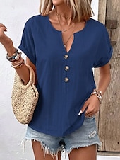economico Top Semplici da Donna-Per donna Blusa Tinta unica Semplice Elegante Vintage Casual Manica Corta Scollo a V Collo a V Top Regolari Quotidiano Ferie Bottoni Bianco Rosso Blu marino Arancione Beige Estate Primavera