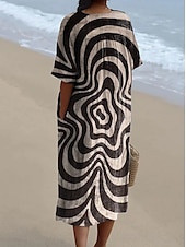 olcso Csíkos és geometrikus ruhák-Női Midi ruha Nyári ruha A vonalú ruha Szabadság Alkalmi Strand stílusok Parti Alkalmi Tengerpart Laza öltözet Grafika Mértani Rövid ujjú V-alakú Teveszín Nyár Tavasz