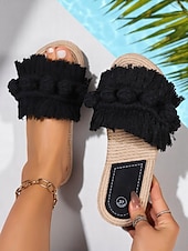 preiswerte Urlaubsandalen-Damen-Sandalen mit Fransen – flache Schuhe im Bohème-Makramee-Stil für den Pool, den Urlaub und entspannte Sommertage
