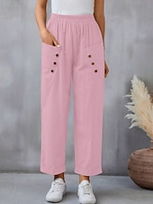 abordables Pantalon uni en coton et lin-Femmes Pantalon en coton et lin Slacks Mode Streetwear Longueur complète Naturel Uni Avec Poches Taille Élastique Confortable Sortir Week-end Chameau Noir Rose Bleu Été Coupe régulière
