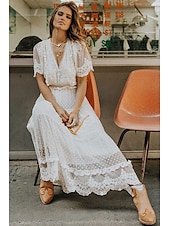 cheap White Lace Dresses-Women&#039;s Maxi long Dress White Dress Lace Dress Holiday Dress Swing Dress Elegant Romantic Boho Vacation Holiday Date Regular Fit Pure Color Short Sleeve V Neck White Summer Spring