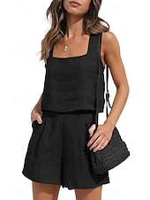 abordables Ensembles-Femmes Actif Basique Ensembles en coton et lin Sans manches Col carré Couleur Unie Décontracté Quotidien Noir Rose Claire Vert Véronèse Été Coupe régulière