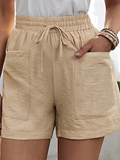abordables Pantalon uni en coton et lin-Femmes Shorts Slacks Streetwear Occasionnel Court Naturel Uni Avec Poches Conception à cordon élastique Confortable Extérieur Sortir Abricot Jacinthe Noir Blanche Été Coupe régulière