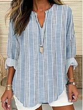 economico Top a Righe e Geometrici per Donne-Per donna Camicia Camicia in cotone e lino Blusa Grafico A righe Quotidiano Hawaiano Affari Manica Lunga Scollo a V Top Regolari Lavoro Quotidiano Ferie Bottoni Stampato Blu Grigio Azzurro Estate