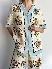 baratos Conjuntos-Mulheres Moda Roupa de rua Camisas de algodão e linho Conjuntos de linho de algodão Conjuntos de calças Manga Curta Colarinho de Camisa Floral Imprimir Roupa Diária Encontro Azul Verão Normal