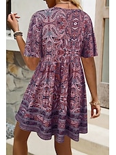 tanie Sukienki kwiatowe-Damskie Sukienka mini Sukienka A line Letnie sukienki Urlop Codzienny Boho Codzienny Święto Regularny W Tureckie Wzory Krótki rękaw W serek Żółty Fioletowy Lato