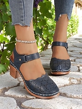 cheap Block Heel Pumps-Women's Cutout Faux Leather Block Heel Sandals with Adjustable Strap – Comfort Shoes for Daily Commute, Garden Party, Farmers Market &amp; Boho Summer Outings