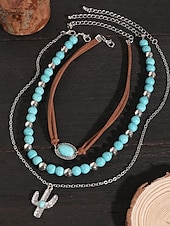 cheap Women&#039;s Necklace-Women&#039;s Western Layered Turquoise Beaded Necklace Set – Boho Statement Jewelry with Cactus &amp; Teardrop Charms, Ideal for Festivals, Country Concerts and Casual Wear