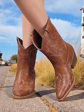 levne Cowboy &amp; Western Boots-Dámské tyrkysové kovbojské boty z umělé kůže, westernové, s vyšívanou špičatou špičkou, do poloviny lýtek, vhodné pro outfity ve venkovském stylu, rodea a venkovní akce.
