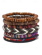 levne Pánské šperky-Pánská sada vícevrstvých pletených korálkových náramků v boho stylu, různé materiálové provedení - dřevo, kůže a provaz, kmenový styl, plážové a běžné nošení
