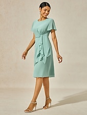 abordables Robes moulantes de soirée-Femmes Robe Midi Robe à Plusieurs Couches Élégant Formel Papillon robe demoiselle d honneur Cocktail Coupe régulière Uni Manche Courte Col ras du cou Vert cendré Été