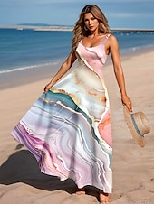 preiswerte Kunst &amp; Design Kleider-Damen Maxikleid A Linie Kleid Schulterfreies Kleid Urlaub Lässig Strand Party Normale Passform Ombre Grafik Marmor Ärmellos Quadrathals Rundausschnitt Hellrosa Eisblau Pfauenblau Sommer Frühling