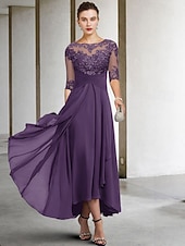 voordelige Vloerlengte-A-Lijn Moeder van de Bruid Jurk Bruidsgast Elegant Plus Size Hoog Laag V-Hals Asymmetrisch Enkel Lengte Chiffon Kant Halve Mouw met Beading Applicaties gratis maatwerk