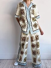 baratos Conjuntos-Mulheres Moda Roupa de rua Camisas de algodão e linho Conjuntos de linho de algodão Conjuntos de calças Manga Curta Colarinho de Camisa Floral Imprimir Roupa Diária Encontro Azul Verão Normal