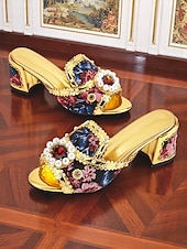 billige 1930-tallet-damesko med barokke, blomsterdekorerte hæler og perler, slip-on-sko fra 1920-tallet til fester og spesielle anledninger