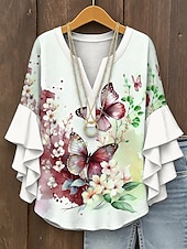 economico Top Floreali-Blusa da Donna con Maniche a Ruffle a Strati Grafica Floreale Farfalla Bohemia Vintage Tropicale Maniche a 3/4 Collo a V Maglietta Regolare Abbigliamento Estivo Primaverile per Vacanze Stampa Gialla
