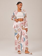 cheap Pants-Shell Print Elastic Waist Wide Leg Pants